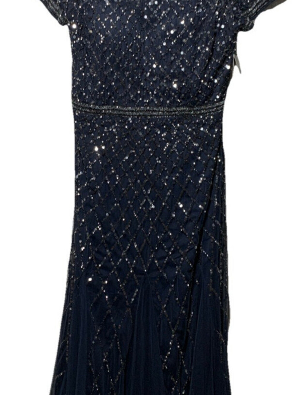 Adrianna Papell Womens Short-Sleeve Grid Beaded Gown Evening Dress Navy Size 14